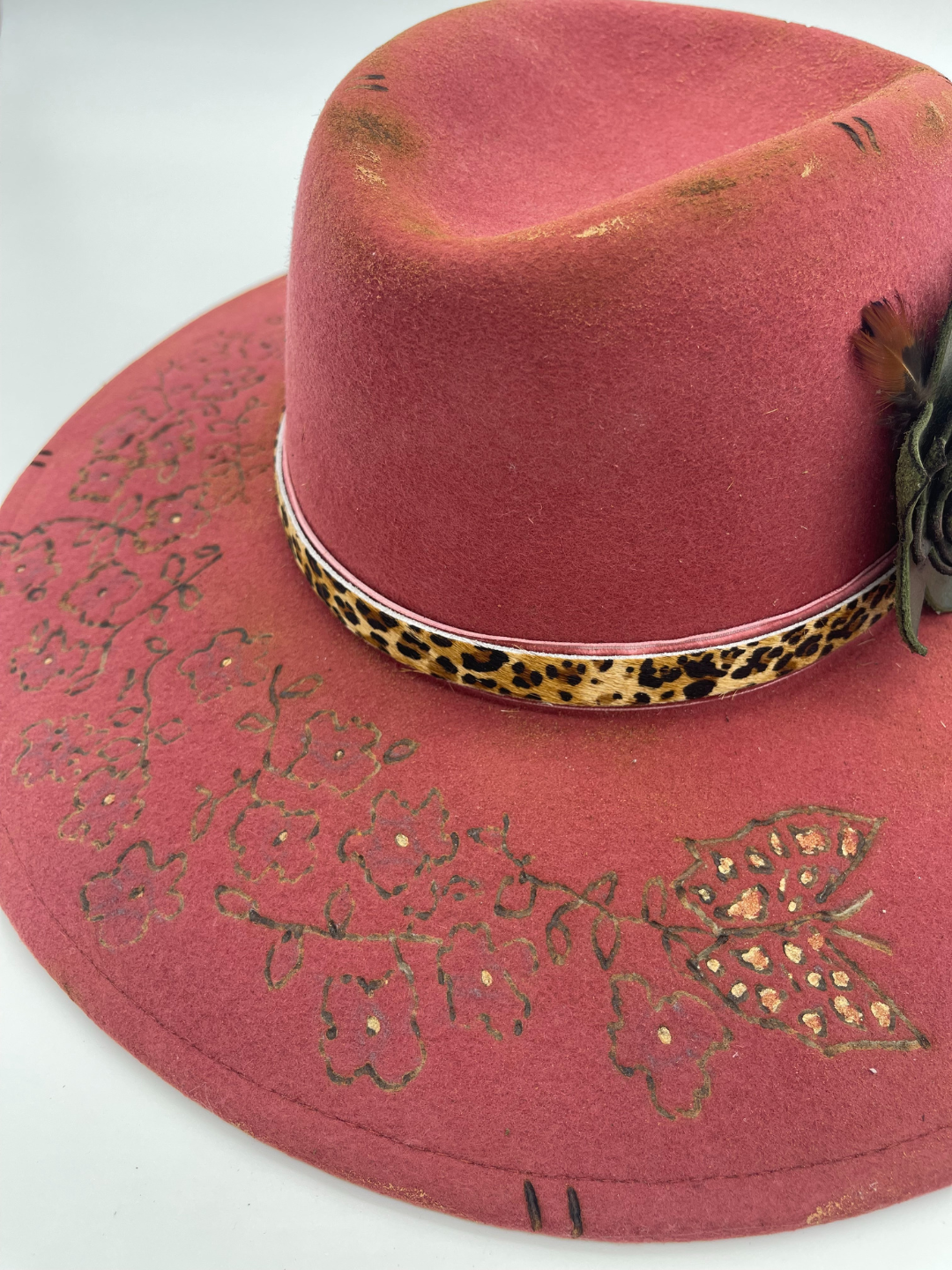 Leopard Floral Pink Wide Brim Felt Hat