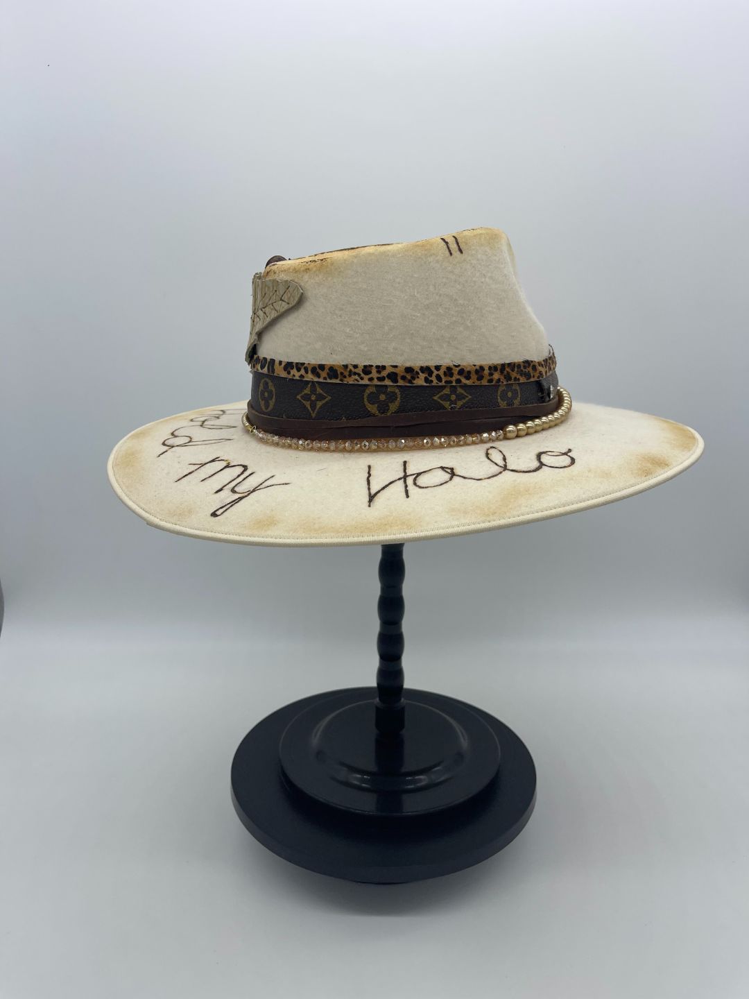Hold My Halo Felt Hat with Leather Flowers and Feather