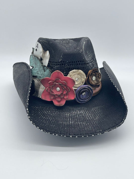 Ace of Spades Cowboy Hat with Leather Flowers and Feather
