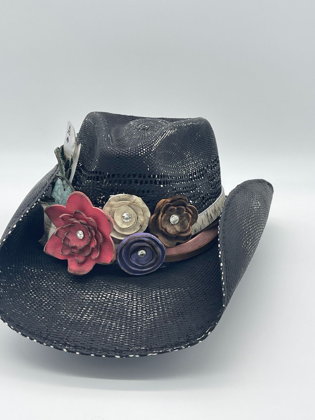 Ace of Spades Cowboy Hat with Leather Flowers and Feather