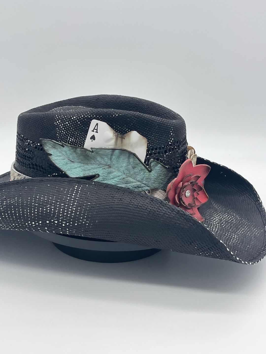 Ace of Spades Cowboy Hat with Leather Flowers and Feather